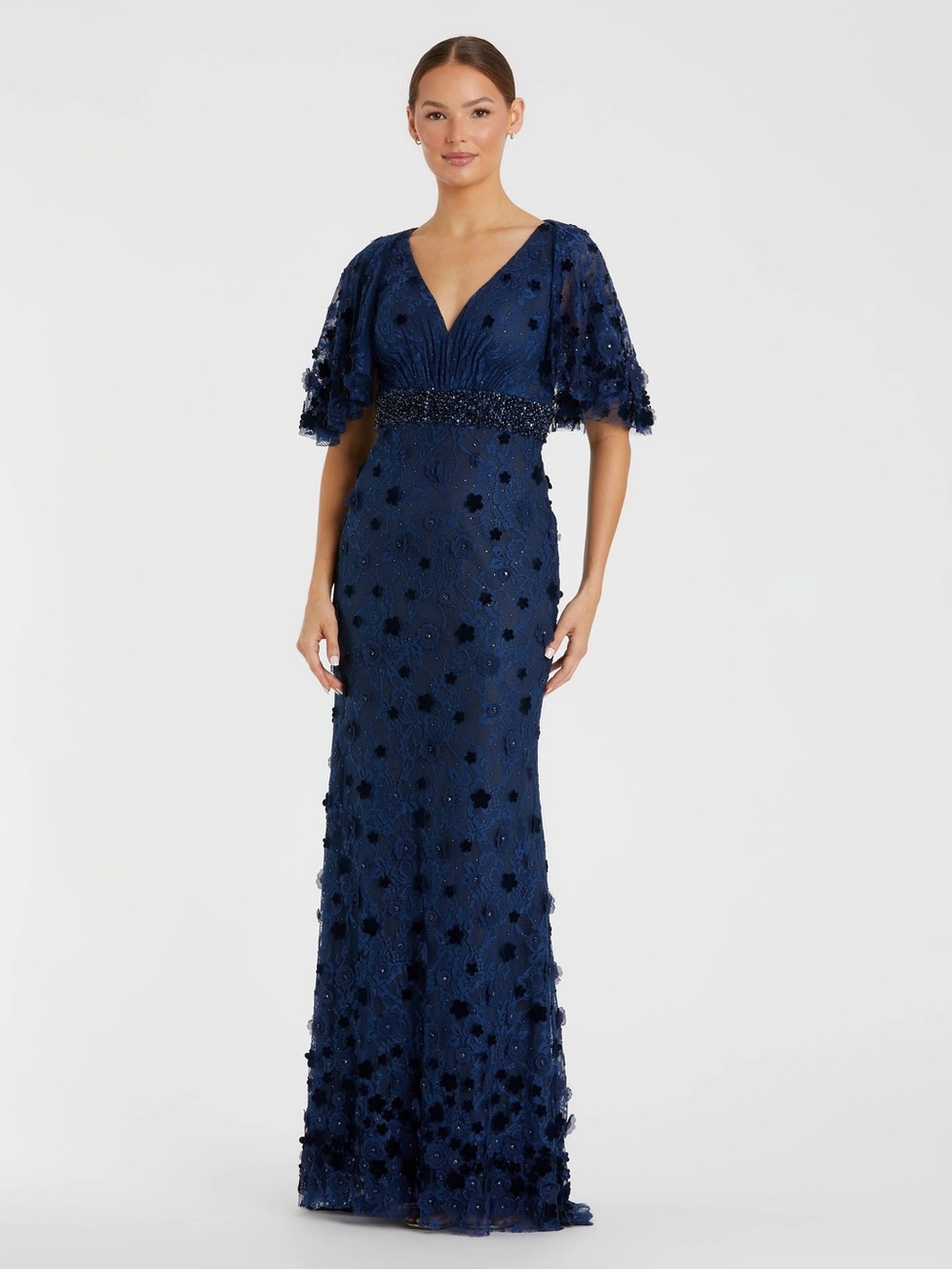 Mac Duggal Flutter Sleeve Navy Embellished Formal Maxi Gown